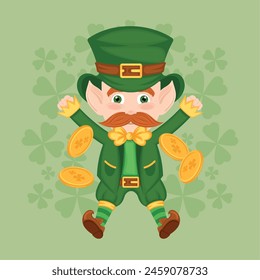 St Patricks day Irish elf character cartoon with coins Vector illustration