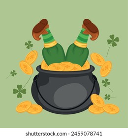 St Patricks day Irish elf character cartoon Pot with coins Vector illustration