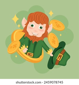 St Patricks day Irish elf character cartoon with coins Vector illustration