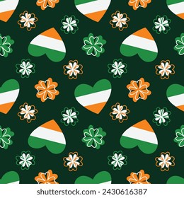 St. Patrick's Day Irish Flag Herz und Klee auf Dark Emerald Seamless Muster Design