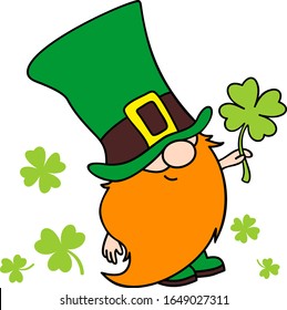 St. Patrick's Day Irish gnome with clover for good luck. Cartoon vector Leprechaun illustration for cards, decor, shirt design, invitation to the pub.