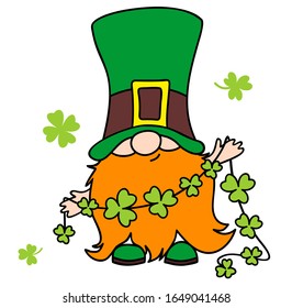 St. Patrick's Day Irish gnome with clover for good luck. Cartoon vector Leprechaun illustration for cards, decor, shirt design, invitation to the pub.