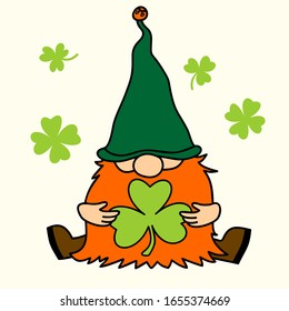 St. Patrick's Day Irish gnome with clover for good luck. Cartoon vector Leprechaun illustration for cards, beer mugs, decor, shirt design, invitation to the pub.