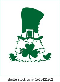 St. Patrick's Day Irish gnome with clover for good luck, one color green outline vector file. Cartoon Leprechaun illustration for cards, decor, shirt design, invitation to the pub.