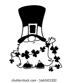 St. Patrick's Day Irish gnome with clover for good luck. Cartoon vector Leprechaun illustration for cards, decor, shirt design, invitation to the pub.