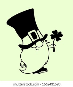 St. Patrick's Day Irish gnome with clover for good luck. Cartoon vector Leprechaun illustration for cards, decor, shirt design, invitation to the pub.
