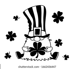St. Patrick's Day Irish gnome with clover for good luck. Cartoon outline vector Leprechaun illustration for cards, decor, shirt design, invitation to the pub.
