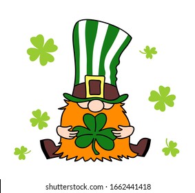 St. Patrick's Day Irish gnome with clover for good luck. Cartoon vector Leprechaun color illustration for cards, decor, shirt design, invitation to the pub.