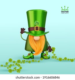 St. Patrick's Day Irish gnome with clover for good luck. Realistic vector Leprechauns illustration for cards, banner, decor, invitation to the pub. Isolated on white background.