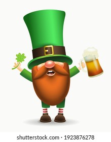 St. Patrick's Day Irish gnome with clover and beer. Vector Leprechaun illustration for banner, decor, or invitation to the pub. Isolated on white background.