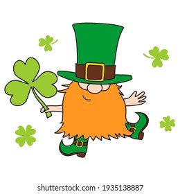 St. Patrick's Day Irish gnome with clover for good luck. Cartoon vector Leprechaun illustration for cards, decor, shirt design, invitation to the pub.