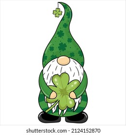 St. Patrick's Day Irish gnome with clover for good luck. Cute leprechaun for St. Patrick's Day. Cartoon style.
