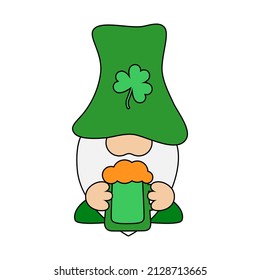 St. Patrick's Day Irish gnome with beer mug. Cartoon vector Leprechaun illustration for cards, decor, shirt design, invitation to the pub. Isolated on white background. 