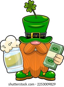 St. Patrick's Day Irish Gnome Cartoon Character Holding A Glass Of Beer And A Wad Of Dollars. Vector Hand Drawn Illustration Isolated On Transparent Background