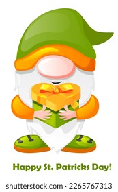 St Patricks Day Irish gnome holding green gift box