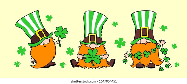 St. Patrick's Day Irish gnomes with clover for good luck. Cartoon vector Leprechauns illustration for cards, decor, shirt design, invitation to the pub.