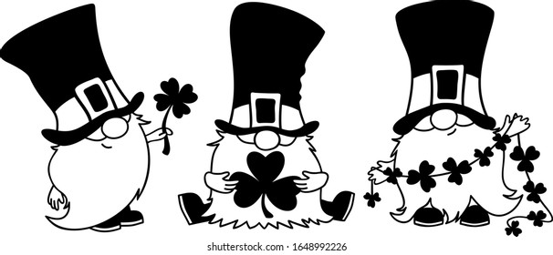 St. Patrick's Day Irish gnomes with clover for good luck. Cartoon vector Leprechauns outline illustration for cards, decor, shirt design, invitation to the pub.