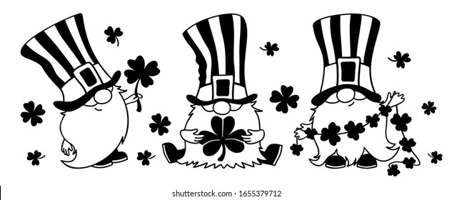 St. Patrick's Day Irish gnomes in hats with clover for good luck. Cartoon vector Leprechauns outline illustration for cards, beer mugs, decor, shirt design, invitation to the pub.