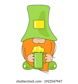 St. Patrick's Day Irish gnomes with mug beer for good luck. Icon Leprechaun. Cartoon gnomes isolated on white background. Vector Illustration
