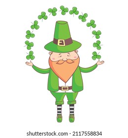 St. Patrick's Day Irish gnomes with clover for good luck. Cartoon vector Leprechauns illustration for cards, decor, shirt design, invitation to the pub.