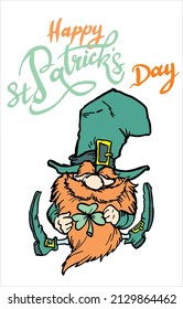 St. Patrick's Day Irish gnomes with clover for good luck, cartoon vector illustrations of Leprechauns for postcards, shirt design, pub invitations