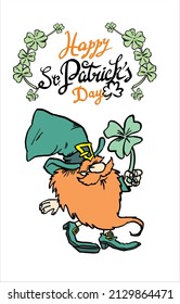 St. Patrick's Day Irish gnomes with clover for good luck, cartoon vector illustrations of Leprechauns for postcards, shirt design, pub invitations
