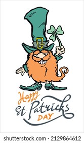St. Patrick's Day Irish gnomes with clover for good luck, cartoon vector illustrations of Leprechauns for postcards, shirt design, pub invitations