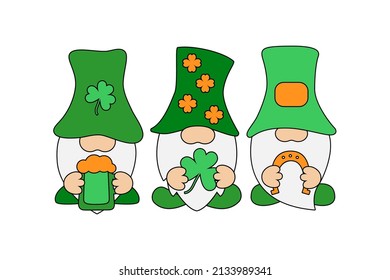 St. Patrick's Day Irish gnomes with beer mug, clover, horseshoe. Cartoon vector Leprechaun illustration for cards, decor, shirt design, invitation to the pub. Isolated on white background. 