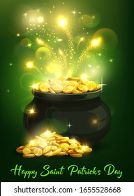 St Patricks Day Irish Holiday Leprechaun Pot With Gold Vector Greeting Card. Treasure Cauldron Of Celtic Dwarf With Lucky Golden Coins, Sparkles And Magic Light Swirls, Spring Festival Of St Patricks