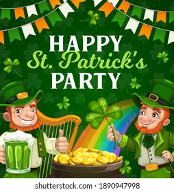 Afiche vectorial del partido de feriados de San Patricio de Irlanda. Hombres irlandeses con sombreros de leprechaun, trébol y cerveza verde, olla de oro, hojas de shamrock, caldera de tesoro y arcoíris, banderas de Irlanda y arpa de festival