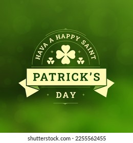 St Patrick's Day Irish holiday greeting social media post template vintage vector illustration. Festive clover Celtic traditional lucky shamrock ribbon celebrate green blurred glare background design