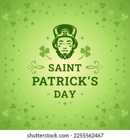 St Patrick's Day Irish holiday lucky troll gnome social media post template vintage vector illustration. Fortune clover shamrock magic leprechaun green curved ornate internet advertising design