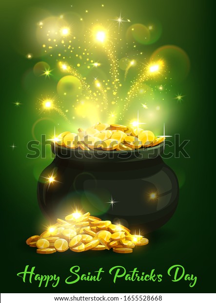 St Patricks Day Irish holiday leprechaun pot\
with gold vector greeting card. Treasure cauldron of celtic dwarf\
with lucky golden coins, sparkles and magic light swirls, spring\
festival of St Patricks