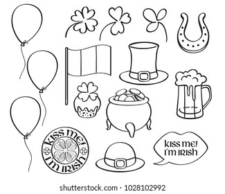 St patrick's day irish icons set. Holiday symbols - irish hat, beer, horseshoe, pot with golden coins and flag etc