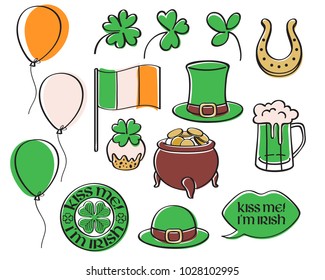 St patrick's day irish icons set. Holiday symbols - irish hat, green beer, horseshoe, pot with golden coins and flag etc