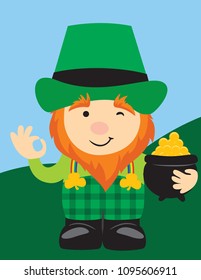 St. Patricks Day Irish Leprechaun With Pot of Gold Winking Happy Character