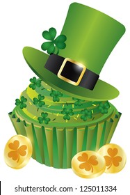 St Patricks Day Irish Leprechaun Hat with Shamrock Leaf on Cupcake and Gold Coins Illustration Isolated on White Background Vector