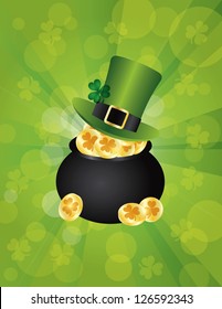 St Patricks Day Irish Leprechaun Hat with Shamrock Leaf on Pot of Gold Coins Illustration on Green Background Vector