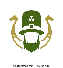 St Patrick's Day Irish leprechaun portrait with horseshoe lucky mascot vintage icon vector flat illustration. Celtic troll gnome faceless silhouette in hat shamrock fortune symbol decorative design