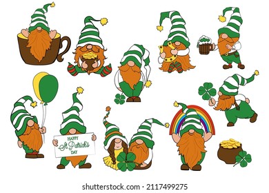 St. Patrick's Day. Irish leprechauns with clover for good luckand hidden treasures. Cartoon gnomes for cards, decor, shirt design, pub invitation. Vector illustration 