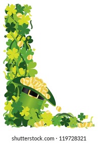 St Patricks Day Irish Lucky Four Leaf Clover with Leprechaun Hat of Gold and Confetti Border Vector Illustration