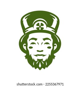 St Patrick's Day Irish lucky leprechaun portrait fairy tale character vintage icon vector flat illustration. Celtic traditional troll gnome creature in hat with green clover fortune success mascot