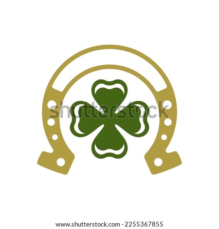 St Patrick's Day Irish lucky fortune clover horseshoe vintage icon vector flat illustration. Celtic national culture traditional good luck fortunate wellbeing prosperity financial success retro badge