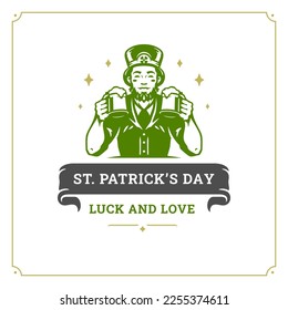 St Patrick's Day Irish man leprechaun with beer mug vintage greeting card typographic template vector flat illustration. Celtic love and luck sign alcohol pub bar holiday celebration antique design