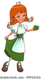 St. Patricks Day. Irish red haired girl holding clover leaf. Isolated on white vector cartoon illustration