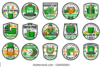 St Patricks Day Irish religion holiday vector icons. Leprechaun, shamrock clover leaf and hat, green beer, gold coins in pot and lucky horseshoe, orange beard, Ireland flag, Irish pub emblems