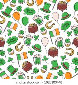 St patrick's day irish seamless pattern. Doodle style. Holiday symbols - irish hat, green beer, horseshoe, pot with golden coins and flag etc