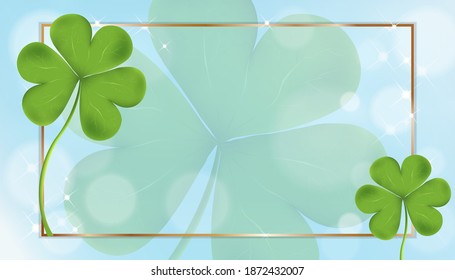 St Patrick's Day, Irish shamrock leaves with golden frame, 3d mesh vector clover leaves. Irish symbol Good Luck, Horizontal simple design for the site, shop, magazine and promotions with copy for text