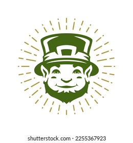 St Patrick's Day Irish troll bearded elf in hat bright rays portrait vintage icon vector flat illustration. Celtic funny fairy tale character folklore smiling creature with golden decor element