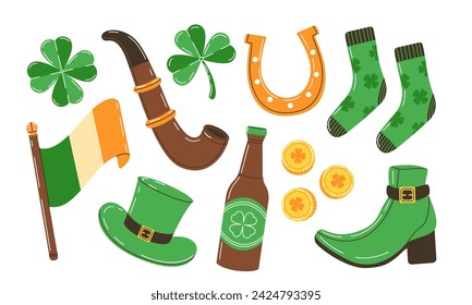 St. Patrick's Day item set. clover, smoking pipe, flag, hat, beer, horseshoe, socks, shoe, coins. 